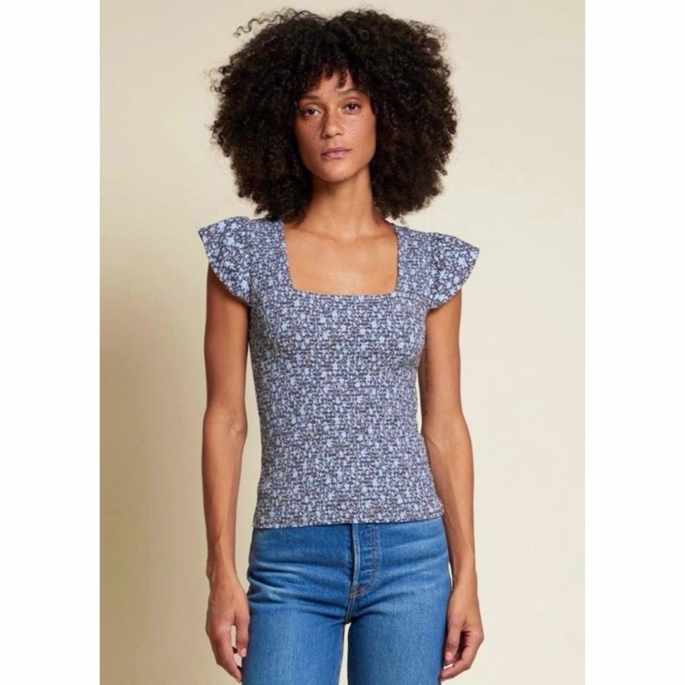 Nation LTD Alicia Smocked Ruffle Sleeve Top Bluebell Floral Print